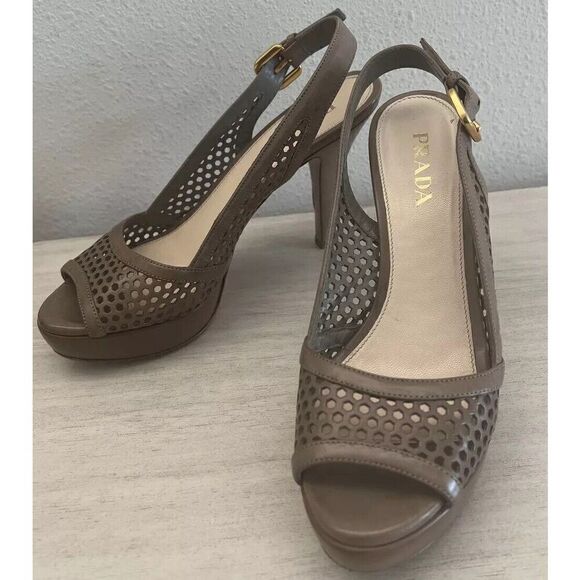 PRADA Sz 36.5 EU 6-6.5 US Perforated Peep Toe Platform Slingback Sandals Neutral - Picture 2 of 11